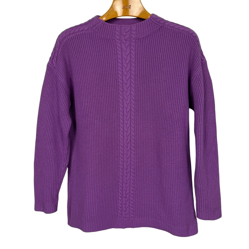Talbots Sweater Womens Large Purple Lambs Wool Blend Cable Knit Crew Neck